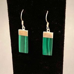 Rectangular Malachite and Sterling Silver Drop Earrings, 7/8"+